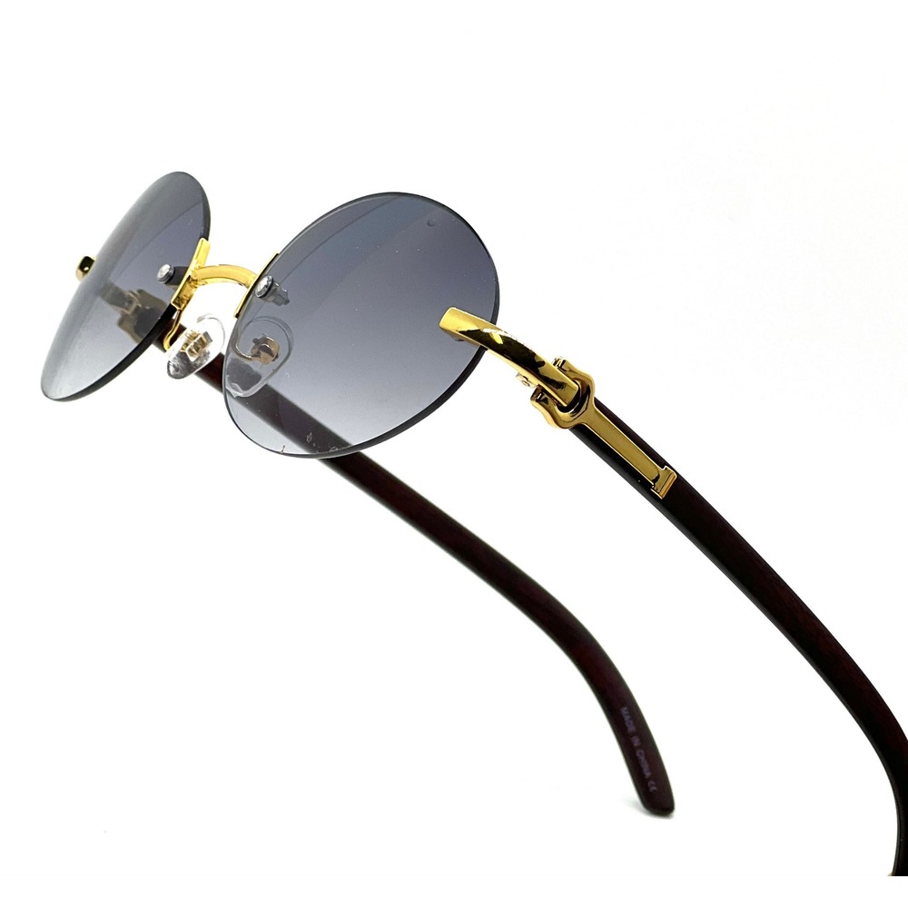 Rimless Sunglasses Oval Lens Gold Accents Fashion Shades Gradient Black Lens New